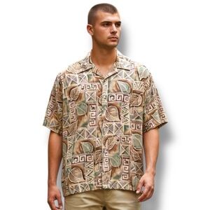 Cooke Street Honolulu Hawaiian Shirt Brown Green Leaf Print Made in USA Cotton